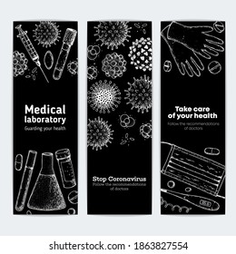 Take care of your health. Vertical banner set. Stop coronavirus illustration.  Medicinal tools, laboratory equipment, corona virus sketch. Medical illustration. Hand drawn design.