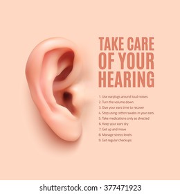 Take care of your hearing. Background with realistic ear. 9 ways to protect your ears and hearing. Vector illustration.