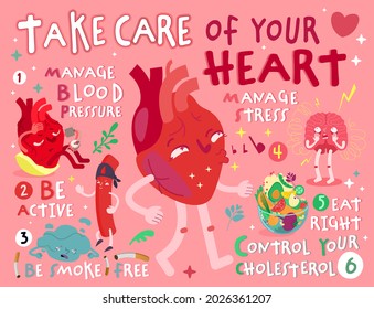 Take Care Of Your Heart. Creative Landscape Poster In Modern Style. Editable Vector Illustration. Stay Healthy And Happy. Medical, Healthcare, Hepatology Concept. Useful Information. Graphic Design.