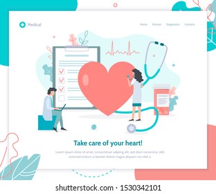 Take care of your heart. Doctors check heart health. Landing design template. Flat vector illustration.