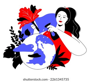 Take care of your home - colorful flat design style illustration with linear elements. Red and blue colored composition with girl who moisturizes all the plants on planet Earth. Summer, bloom, botany