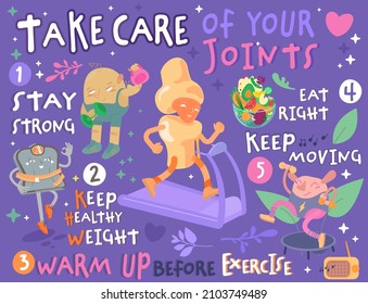 Take care of your joints. Creative landscape poster in modern style. Editable vector illustration. Stay healthy and happy. Medical, healthcare, wellfare concept. Useful information. Graphic design.