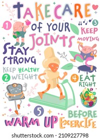 Pass auf deine Gelenke auf. Kreatives vertikales Poster im modernen Stil. Bearbeitbare Vektorgrafik. Bleib gesund und glücklich! Medizin, Gesundheit, Wellness Konzept. Nützliche Informationen. Grafikdesign.