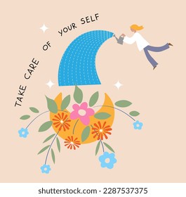 Take care of your life concept , Positive thinking, self care, healthy slow lifestyle. Well-being, healthy mind. Metaphor of mental health and strong psychology. Cartoon flat vector illustration