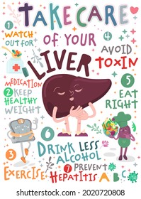 Take care of your liver. Creative vertical poster in modern style. Editable vector illustration. Stay healthy and happy. Medical, healthcare, hepatology concept. Useful information. Graphic design.