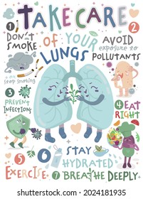 Take care of your lungs. Creative portrait poster in modern style. Editable vector illustration. Stay healthy and happy. Medical, healthcare, pulmonology concept. Useful information. Graphic design.