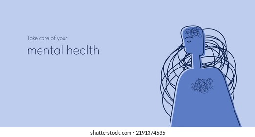 Take care of your mental health, vector man, doodle, sad confused man, fatigue. Banner to insert