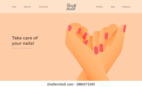 Take Care of Your Nails. Manicure and Pedicure. Beauty Studio Landing Page Design Template. Website Banner. Close Up Hands Shows Manicure on Beige Background.