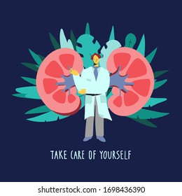 Take care of yourself. Caring good professional doctor in a medical coat stands near the kidneys, points to it and smiles. Background - Green Tropical Leaves and Plants. Minimal flat style
