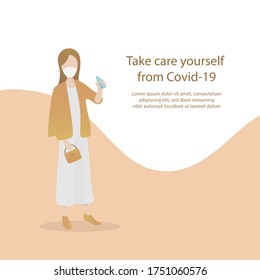 take care yourself from covid-19 concept,Working women wear masks and carry alcohol gels to work every day,To prevent and reduce the spread of the corona virus,Vector illustration.