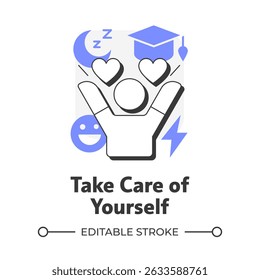Take care of yourself flat outline concept icon. Healthy lifestyle. Time for you. Reduce stress. Mental health. Modern line illustration with purple glyphs. Conceptual visual. Easy to edit