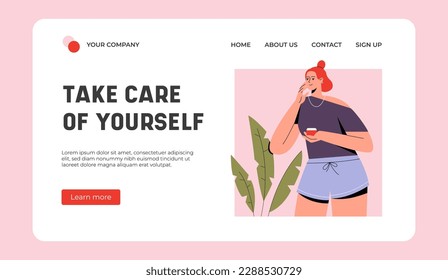 Take care of yourself Landing Page Template. Female Character applying natural face cream. Love yourself concept. Flat Vector Illustration