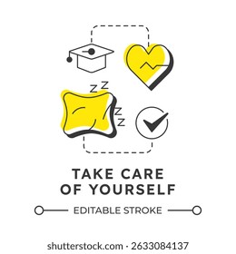 Take care of yourself modern linear concept icon. Mental support, healthcare. Studying knowledge, learning. Flat outline elements connected with dotted lines. Creative visual. Easy to edit