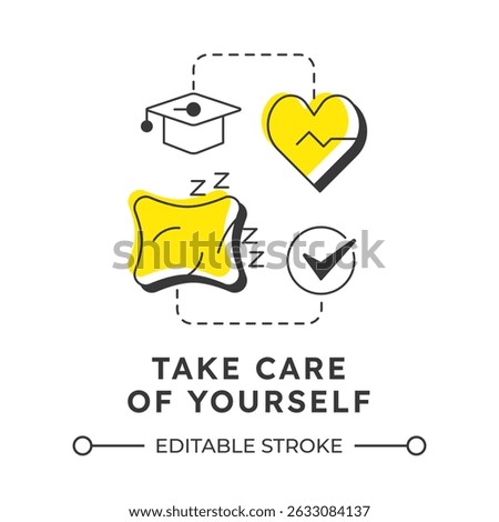 Take care of yourself modern linear concept icon. Mental support, healthcare. Studying knowledge, learning. Flat outline elements connected with dotted lines. Creative visual. Easy to edit