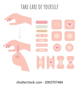 Take Care Of Yourself Slogan. Set Of Vector Plasters On A White Background. Medical Plasters. Wound Care