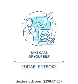 Cuídate del icono del concepto turquesa. Estilo de vida saludable. Es hora de ti. Trátate. Ilustración de línea delgada de idea abstracta de salud mental. Dibujo de contorno aislado. Trazo editable