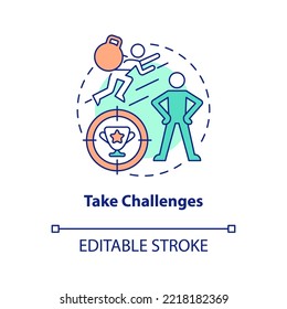 Take challenges concept icon. Achieving goals. Improving self esteem abstract idea thin line illustration. Isolated outline drawing. Editable stroke. Arial, Myriad Pro-Bold fonts used