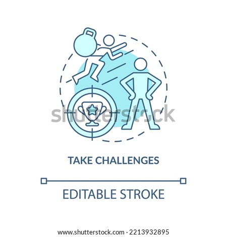 Take challenges turquoise concept icon. Achieving goals. Improving self esteem abstract idea thin line illustration. Isolated outline drawing. Editable stroke. Arial, Myriad Pro-Bold fonts used