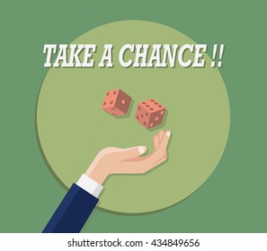 take a chance with hand play dice green background flat vector graphic illustration