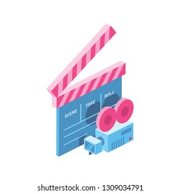 Take cinema video camera 3d vector icon isometric pink and blue color minimalism illustrate