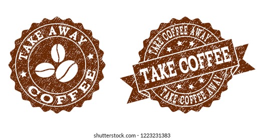 Take Coffee Away rubber stamps. Vector seals in chocolate color with round, ribbon, rosette, coffee bean elements. Grainy design and dust texture are used for Take Coffee Away rubber imprints.