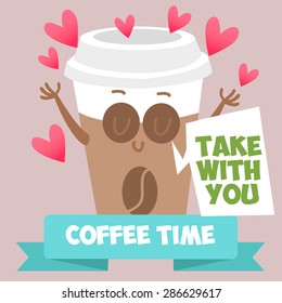 Take a coffee. Jolly cup of cappuccino in a cartoon style. Time to relax.