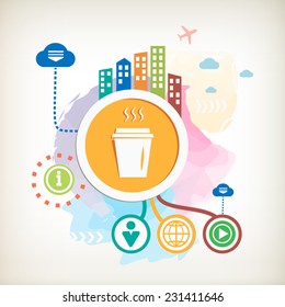 Take a Coffee on abstract colorful watercolor background with different elements. Design for the web, print, banner, advertising.