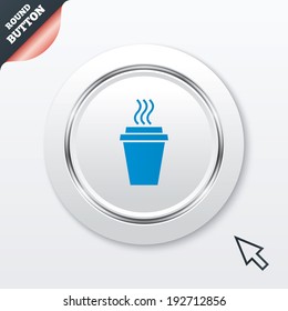 Take a Coffee sign icon. Hot Coffee cup. White button with metallic line. Modern UI website button with mouse cursor pointer. Vector