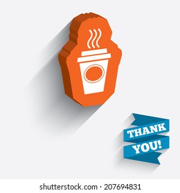 Take a Coffee sign icon. Hot Coffee cup. White icon on orange 3D piece of wall. Carved in stone with long flat shadow. Vector