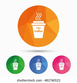 Take a Coffee sign icon. Hot Coffee cup. Triangular low poly button with flat icon. Vector