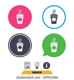 Take a Coffee sign icon. Hot Coffee cup. Report document, information sign and light bulb icons. Vector