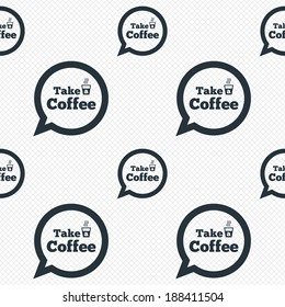 Take a Coffee sign icon. Coffee speech bubble. Seamless grid lines texture. Cells repeating pattern. White texture background. Vector