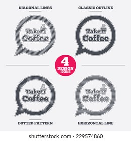 Take a Coffee sign icon. Coffee speech bubble. Diagonal and horizontal lines, classic outline, dotted texture. Pattern design icons.  Vector