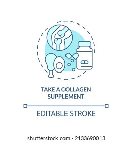 Take collagen supplement turquoise concept icon. Building healthy bones abstract idea thin line illustration. Isolated outline drawing. Editable stroke. Arial, Myriad Pro-Bold fonts used