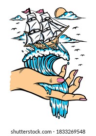 Take control of a sea sailing adventure illustration