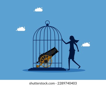Tomar el control de las guerras comerciales y empresariales. mujer encierra un cañón en una jaula de aves