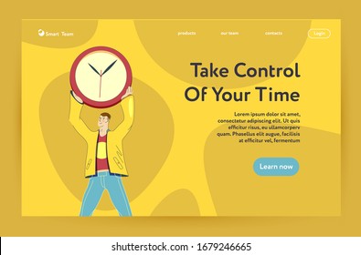 Take control of your time.  Vector modern illustration. Man keep the clock over head. Time management.