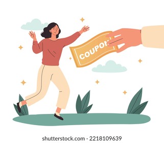 Toma el concepto de cupón. La mano grande expide el certificado a la mujer. Regalo y sorpresa, programa de lealtad. Métodos modernos de comercialización y promoción de productos o servicios. Dibujo vectorial plano de dibujos animados