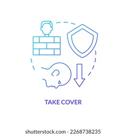 Nehmen Sie das blaue Farbverlauf-Symbol mit. Hinter der Barriere verstecken. Aktion draußen bei nuklearen Unfällen abstrakte Idee dünne Linie Illustration. Einzeln Umrisszeichnung. Myriad Pro-Fett-Schriftart verwendet