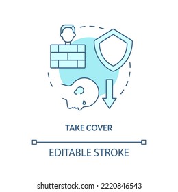 Take cover turquoise concept icon. Action outside during nuclear accident abstract idea thin line illustration. Isolated outline drawing. Editable stroke. Arial, Myriad Pro-Bold fonts used
