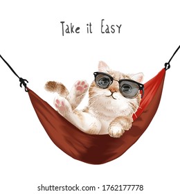 take it easy slogan with cute cat in sunglasses relaxing in red hammock illustration