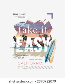 take it easy slogan on beach background and surfboard graphic vector illustration for fashion print