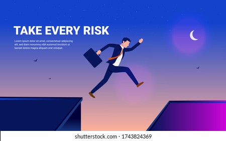 Take every risk in business - Man jumping over buildings in a dangerous attempt to reach success. Night sky, stars and moon, and text space. Courage, challenge comfort zone, risk and reward concept.