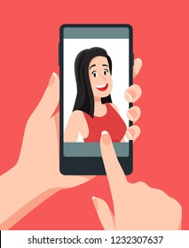 Take face photos. Woman taking selfie on smartphone. Smart phone photo, smile hipster girl holding mobile camera and make self portrait. Photograph cartoon vector illustration