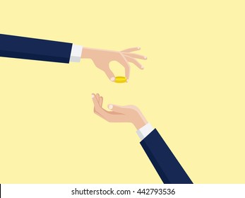 take and gift text quotes hand give gold money coin to other vector graphic illustration