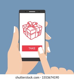 take gift. vector phone screen with take buttons and send or receive a reward,  christmas present. new year sale banner