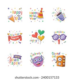 Take a glimpse at this visually perfect happy new year 2024 stickers set. Ready to use vectors 