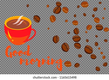 Take and go coffee design poster with coffee bean. Stylized drawing, flat style