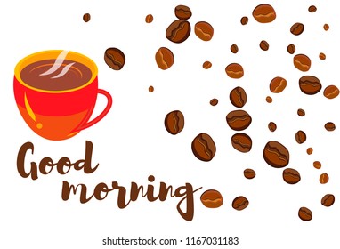 Take and go coffee design poster with coffee bean. Stylized drawing, flat style