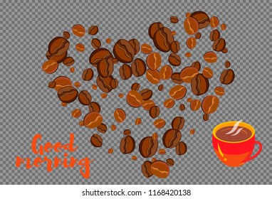 Take and go coffee design poster with coffee bean. Stylized drawing, flat style
